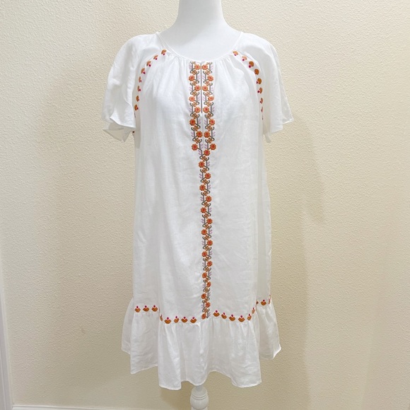 Madewell Embroidered Linen-Blend Raglan Ruffle Mini Dress - Picture 2 of 6